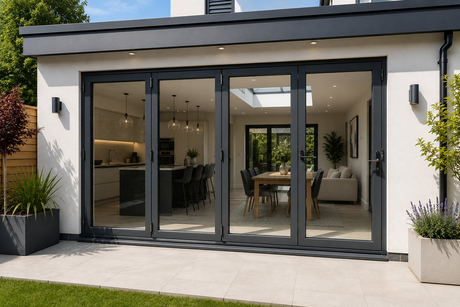 Four-panel dark grey aluminium bifold doors in a modern rendered extension