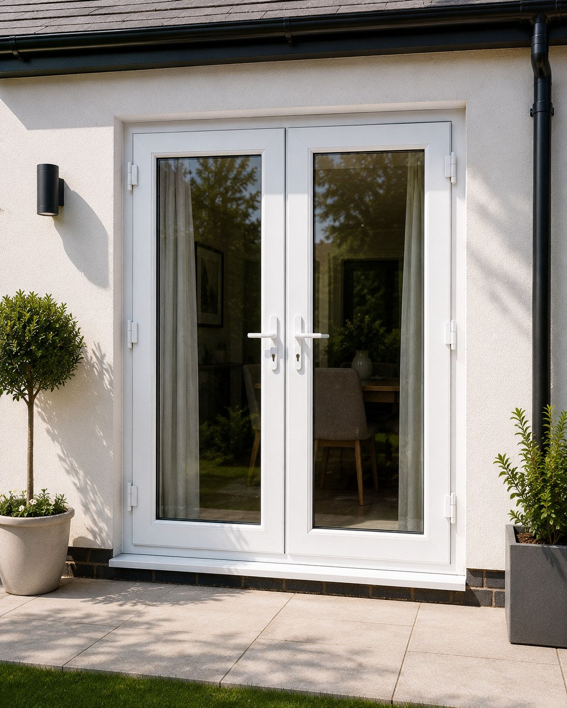 Correctly proportioned white French doors installed in a rendered British property